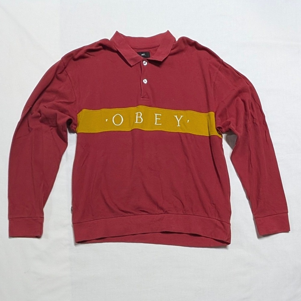 Obey Worldwide Mens Long Sleeve Polo Shirt Red Yellow Stripe Streetwear Large